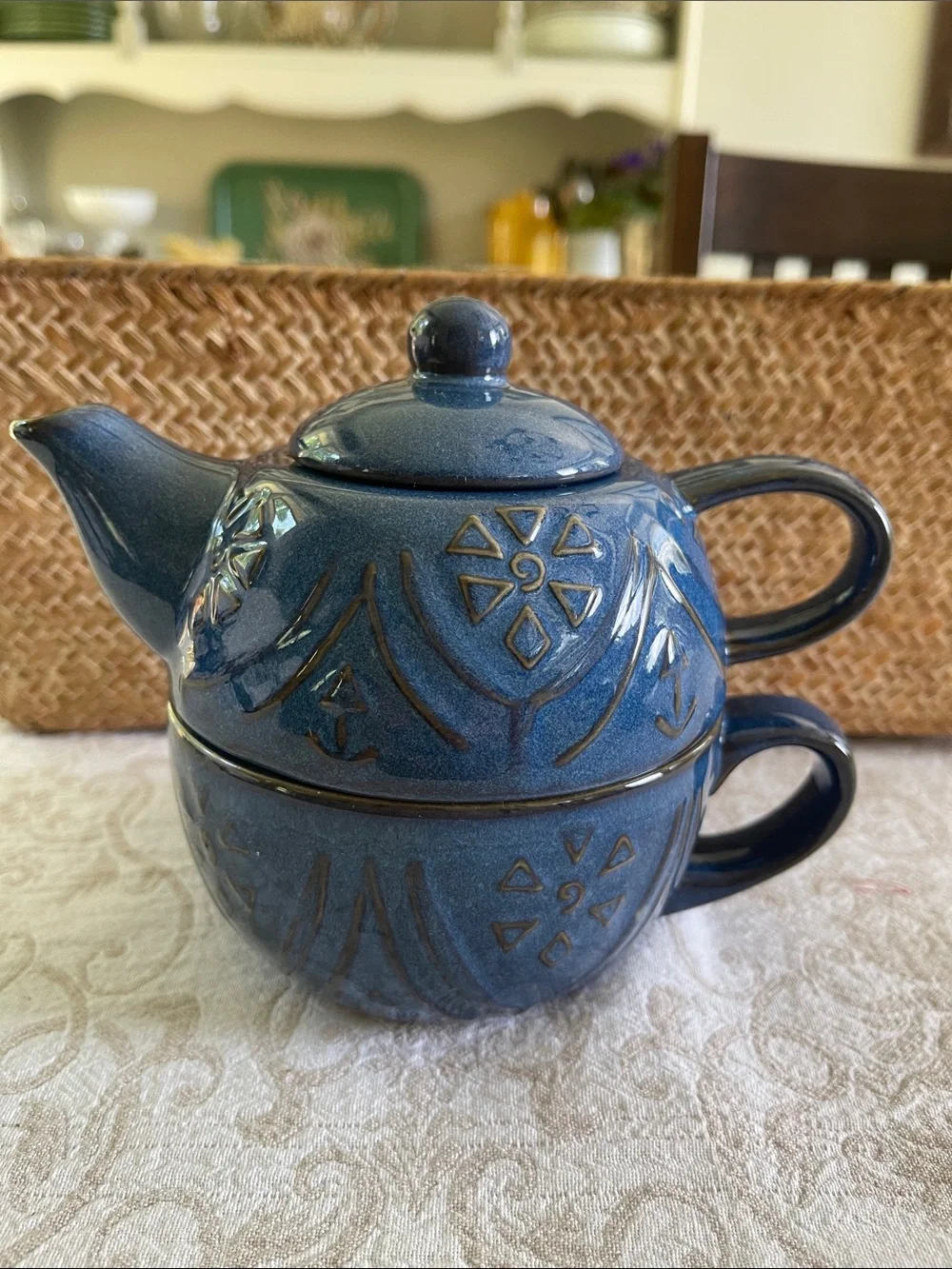 Pier 1 Blue Stoneware Ceramic Teapot for One